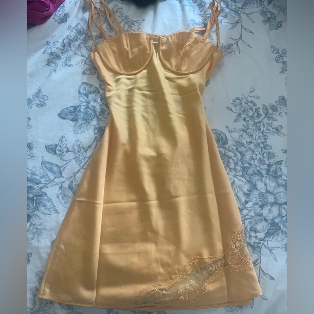 YELLOW SILK SATIN LACE MINI DRESS